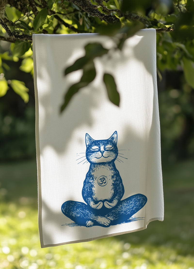 Geschirrtuch aus Halbleinen / Leinen - Yoga Katze
